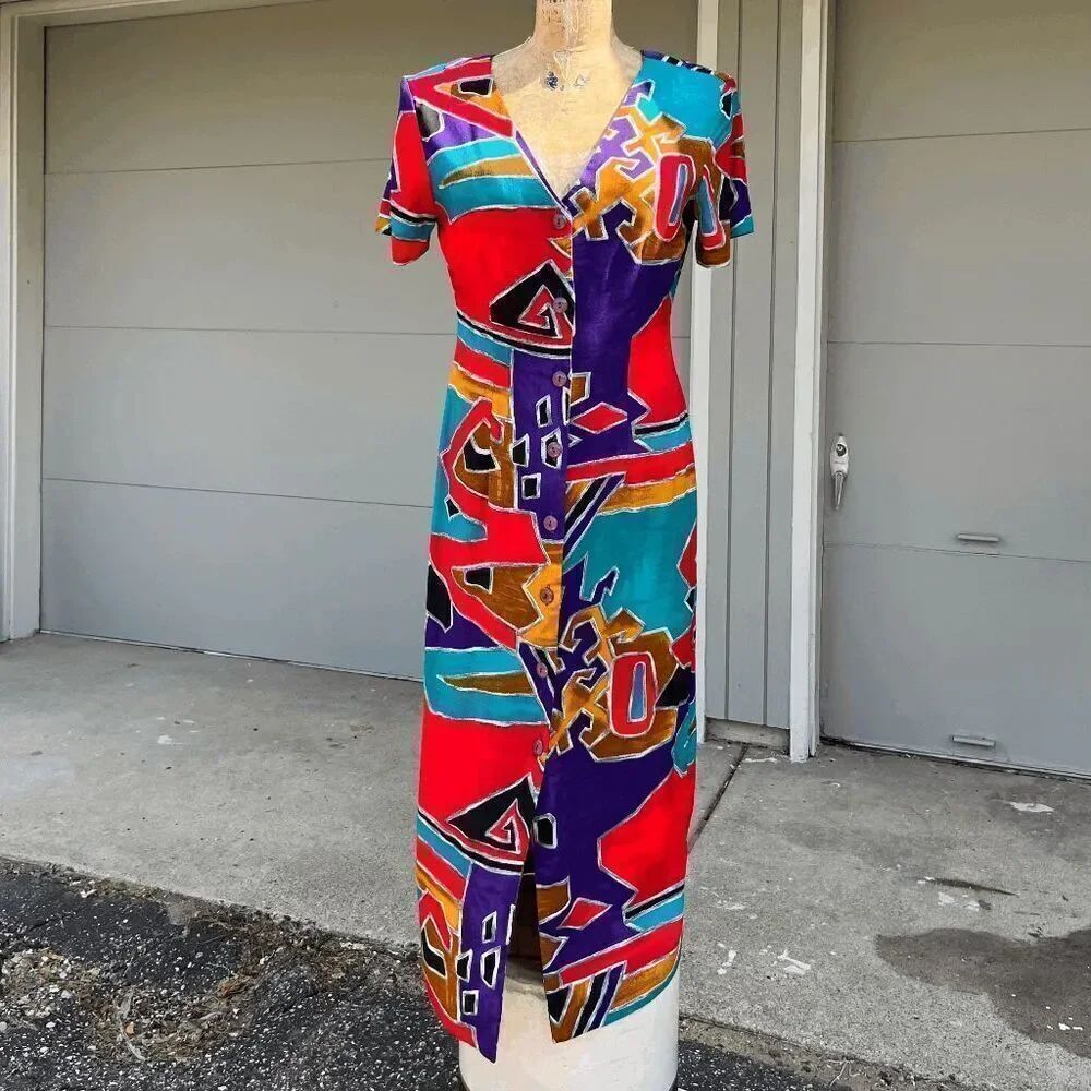 Vintage 80s Dawn Joy Abstract Print Midi Dress -βVibrant Rayon Statement Piece